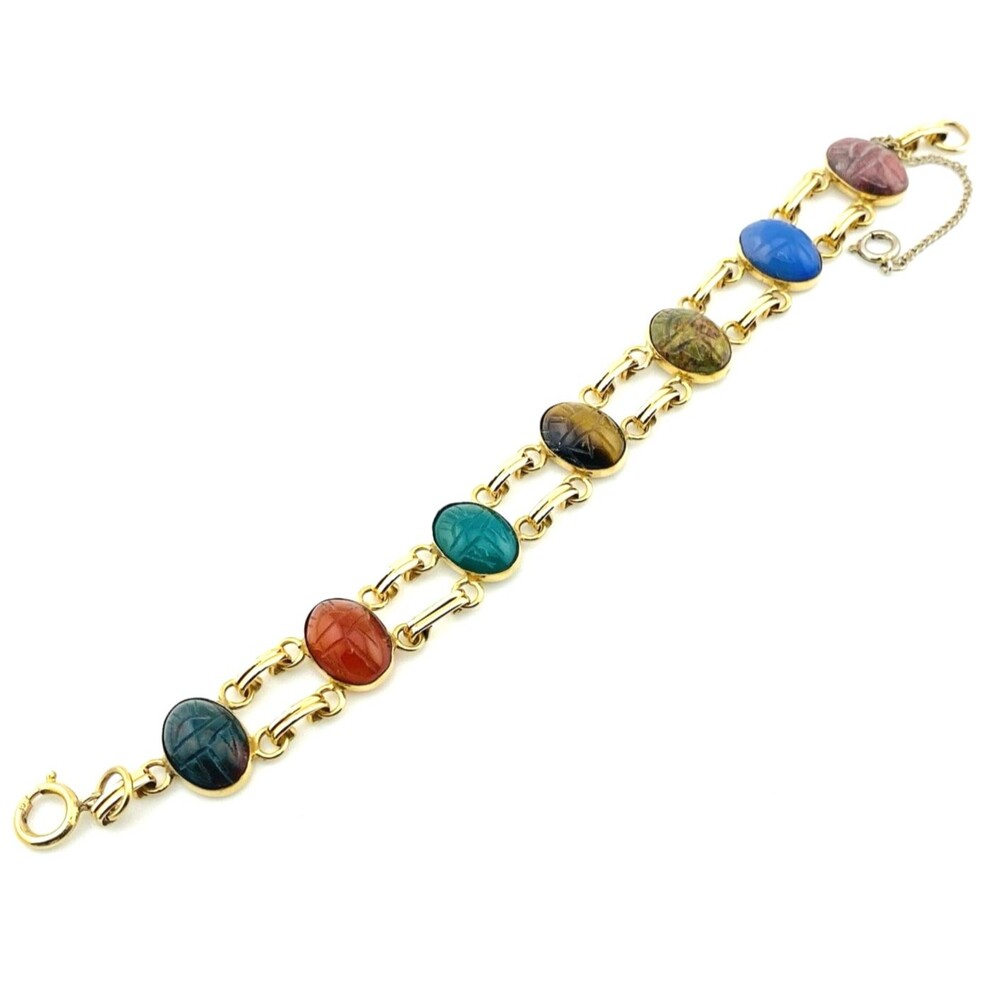 Vintage Scarab Bracelet 12k Gold Filled Double Row 7 Real Stone Egyptian Revival